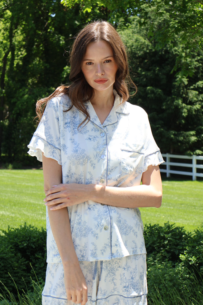 Ruffle Bamboo Pajama Short Set in Blue Toile