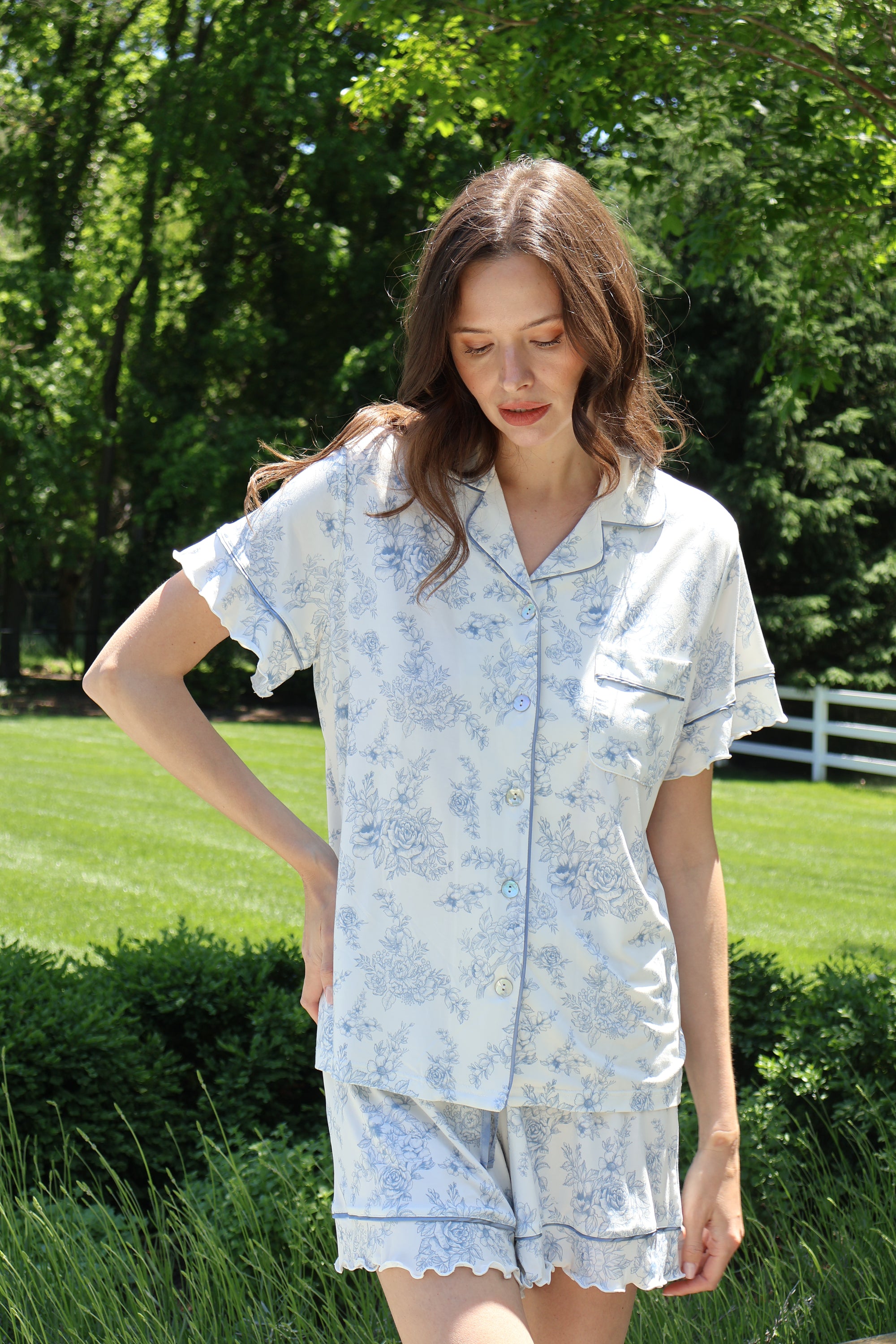 Ruffle Bamboo Pajama Short Set in Blue Toile
