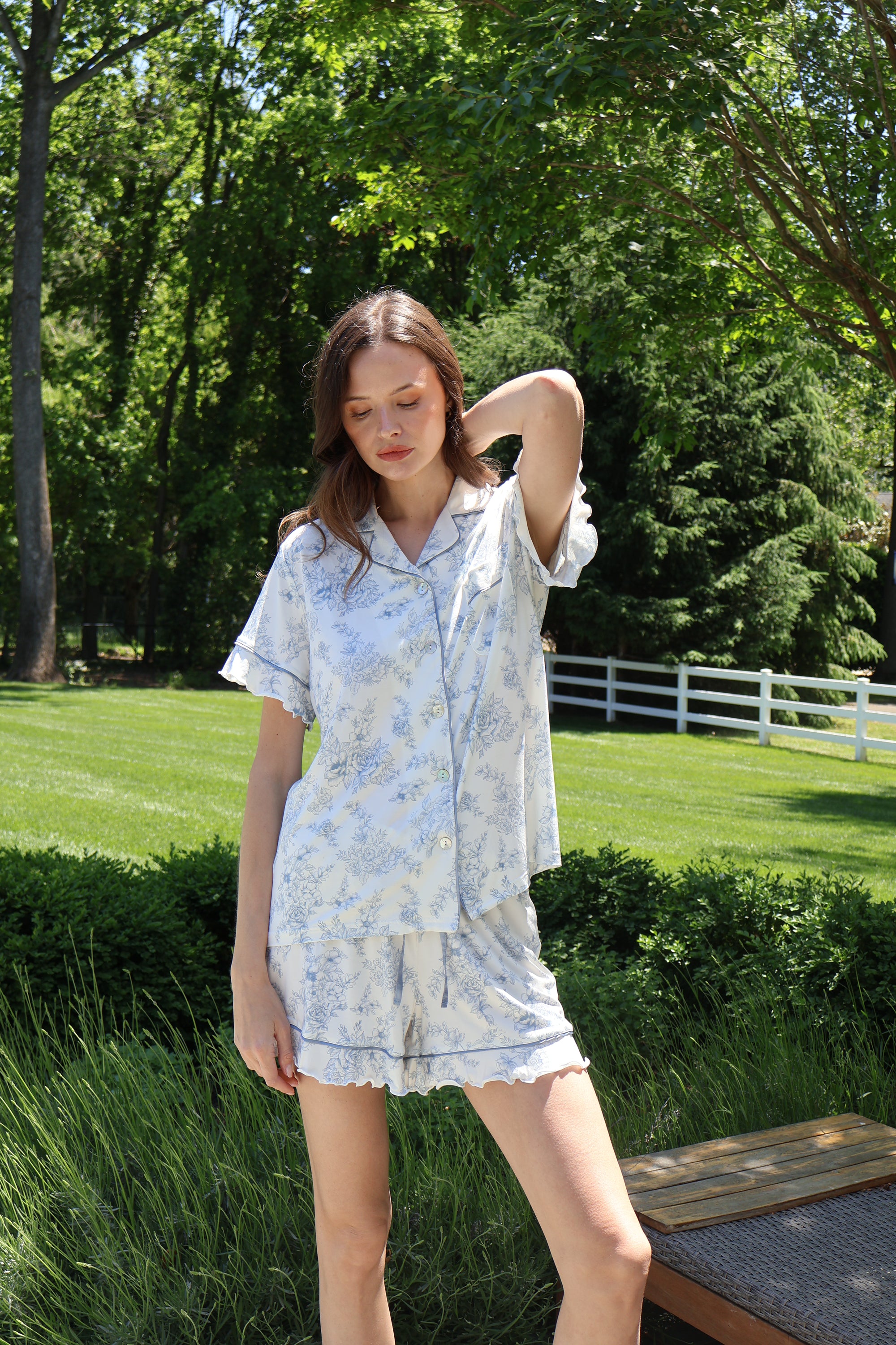 Ruffle Bamboo Pajama Short Set in Blue Toile