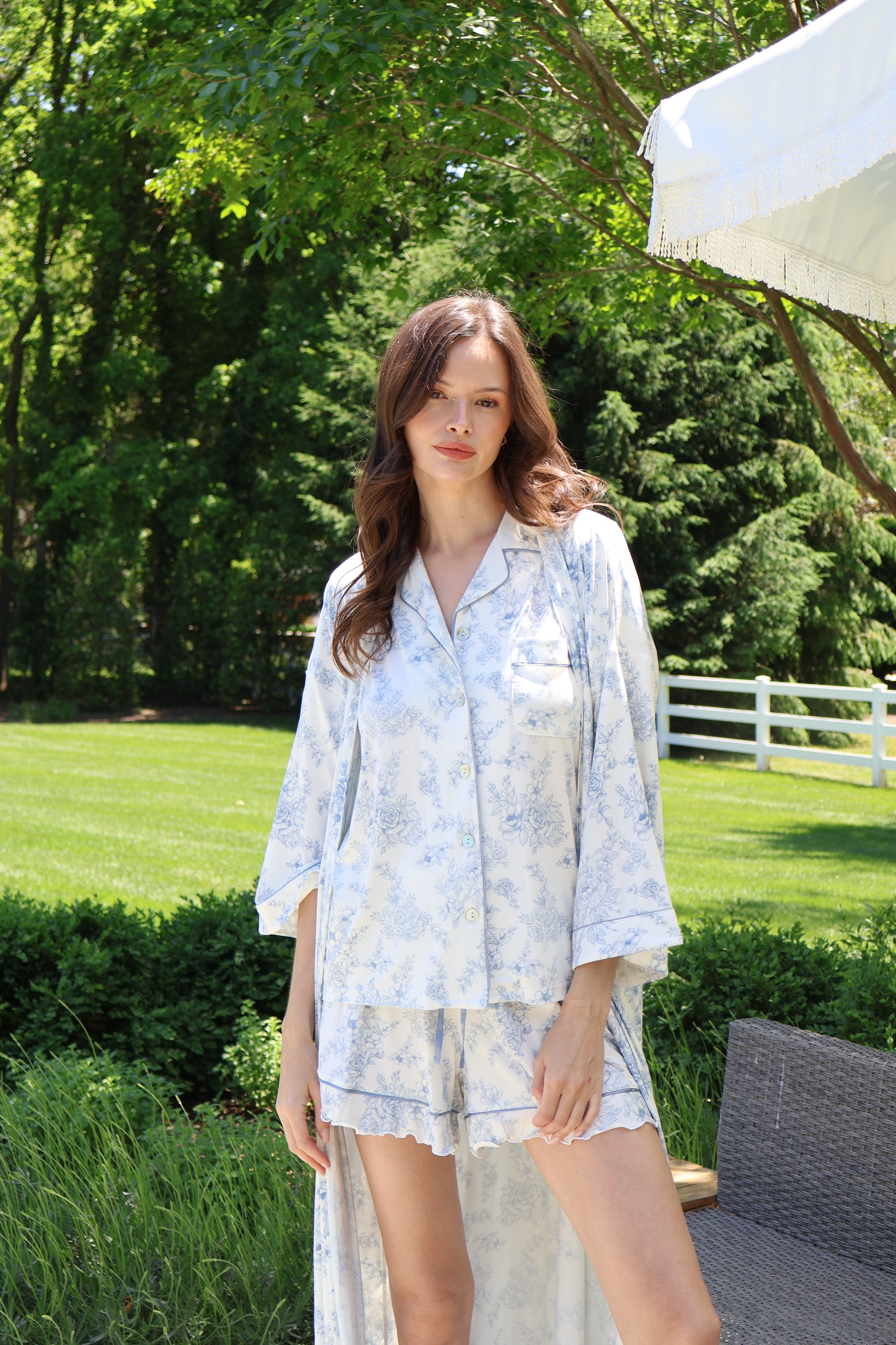 Blue Toile Bamboo Long Robe