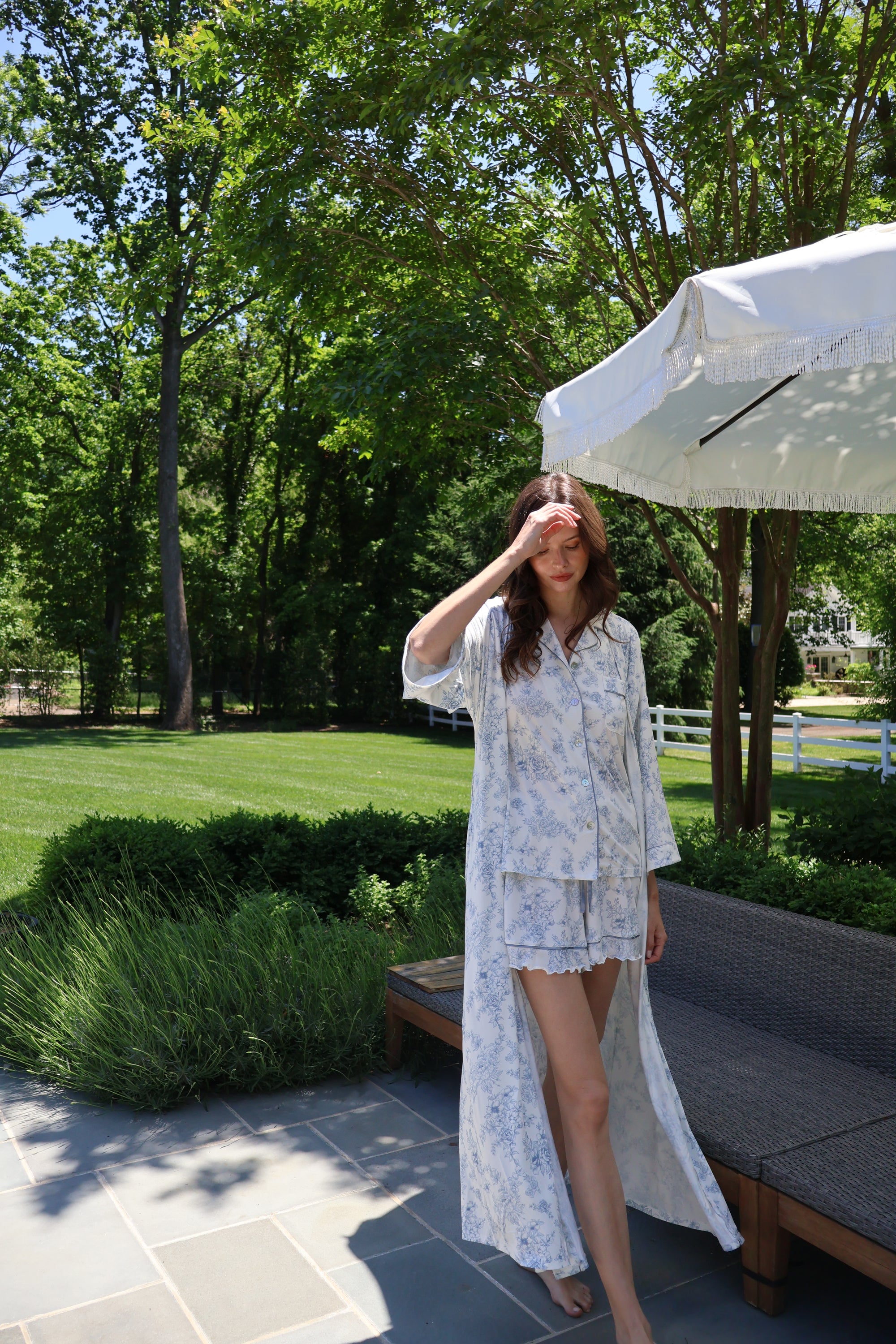 Blue Toile Bamboo Long Robe