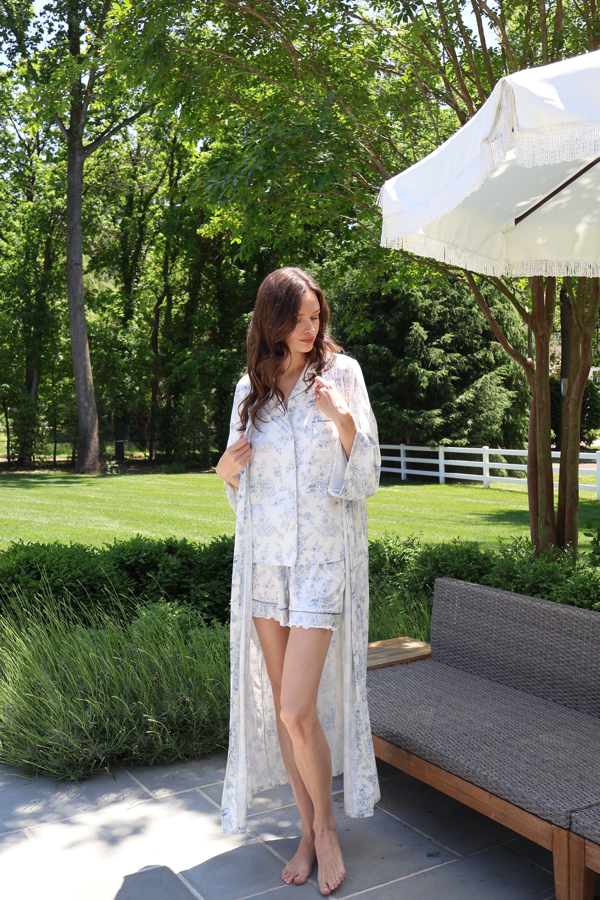 Blue Toile Bamboo Long Robe