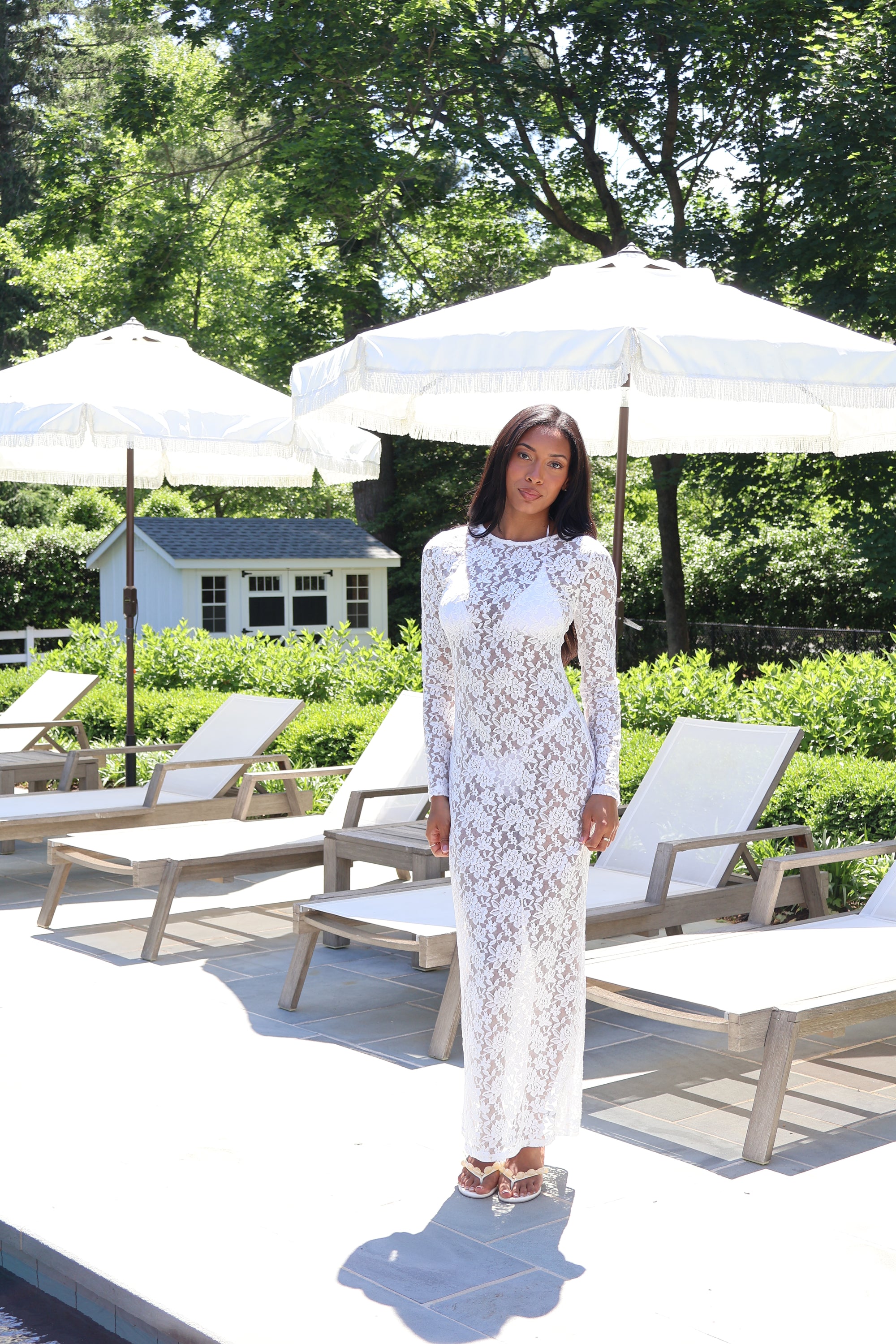 Model wearing the Lace Maxi bridal dress with long sleeves