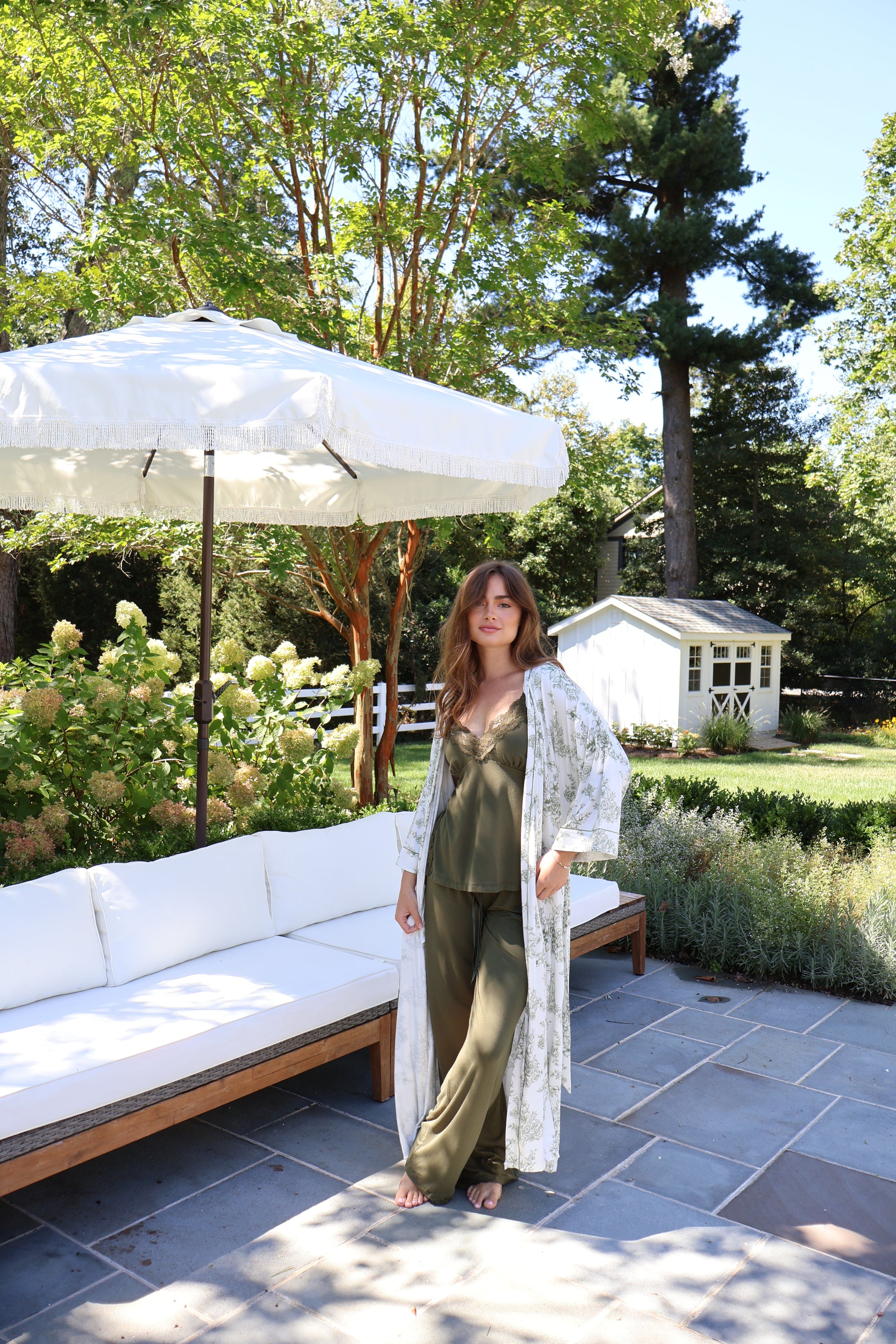 Olive Toile Bamboo Long Robe