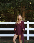 Bamboo Lace Trim Short Robe in Merlot