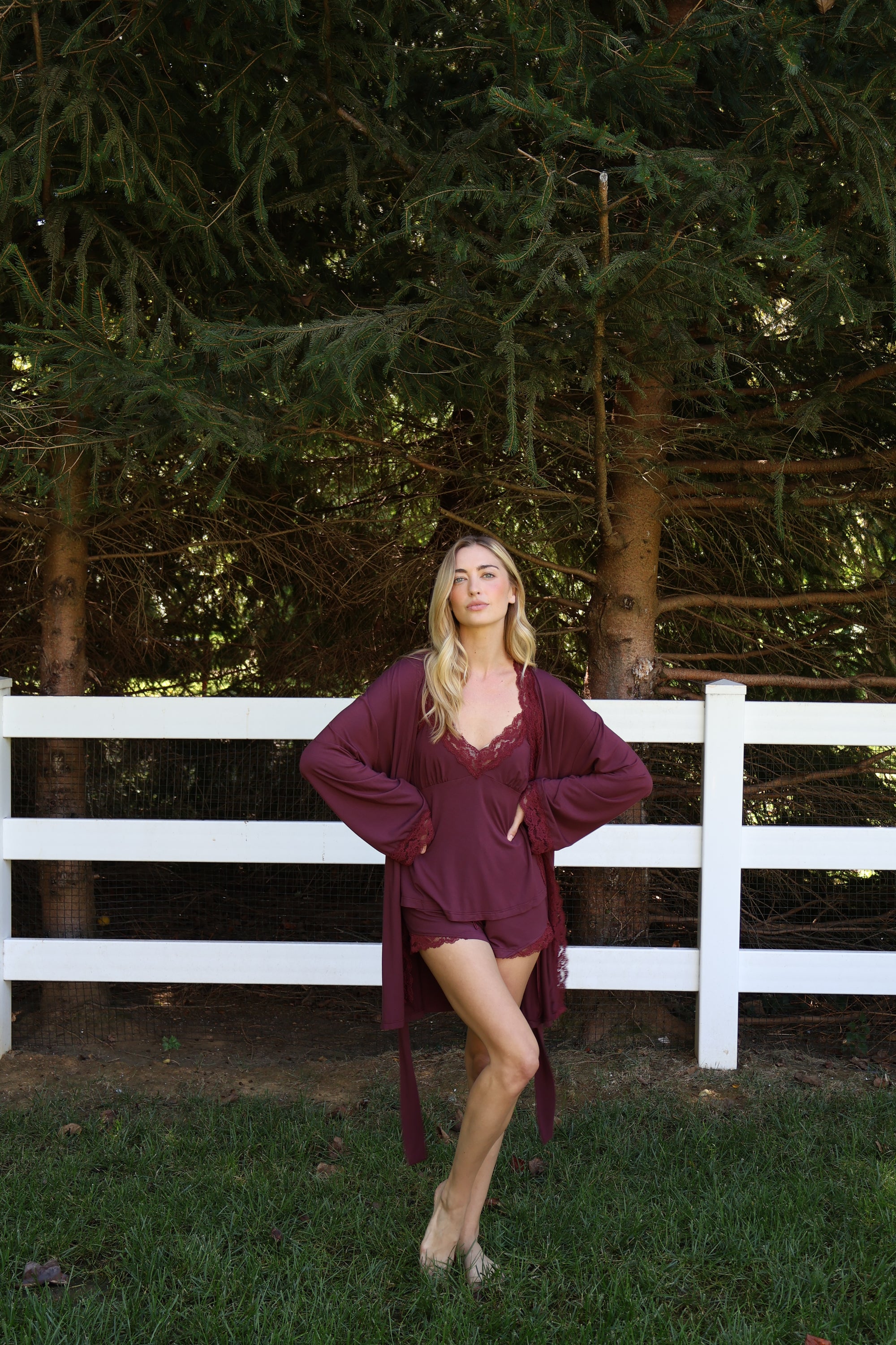 Bamboo Lace Trim Short Robe in Merlot