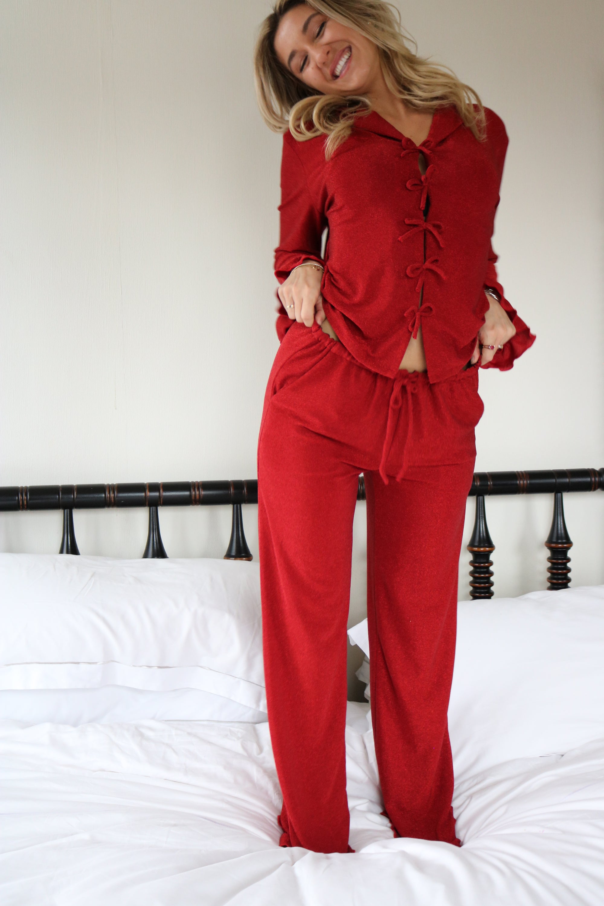 Shimmer Flounce Pant Set in Cherry