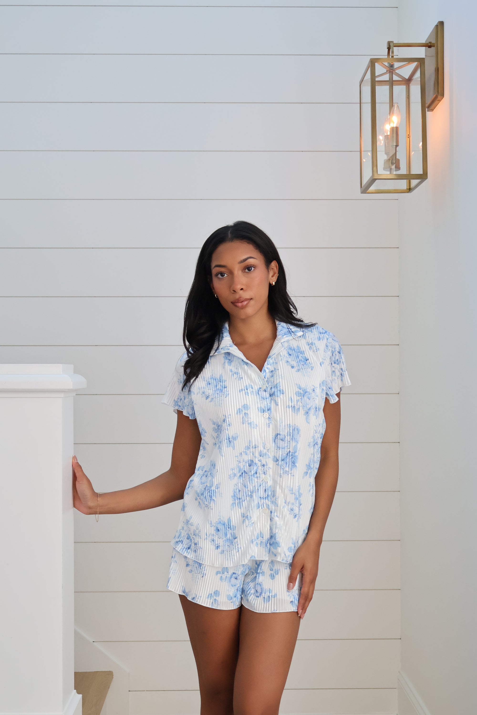 Pleated Short Set in Blue Floral