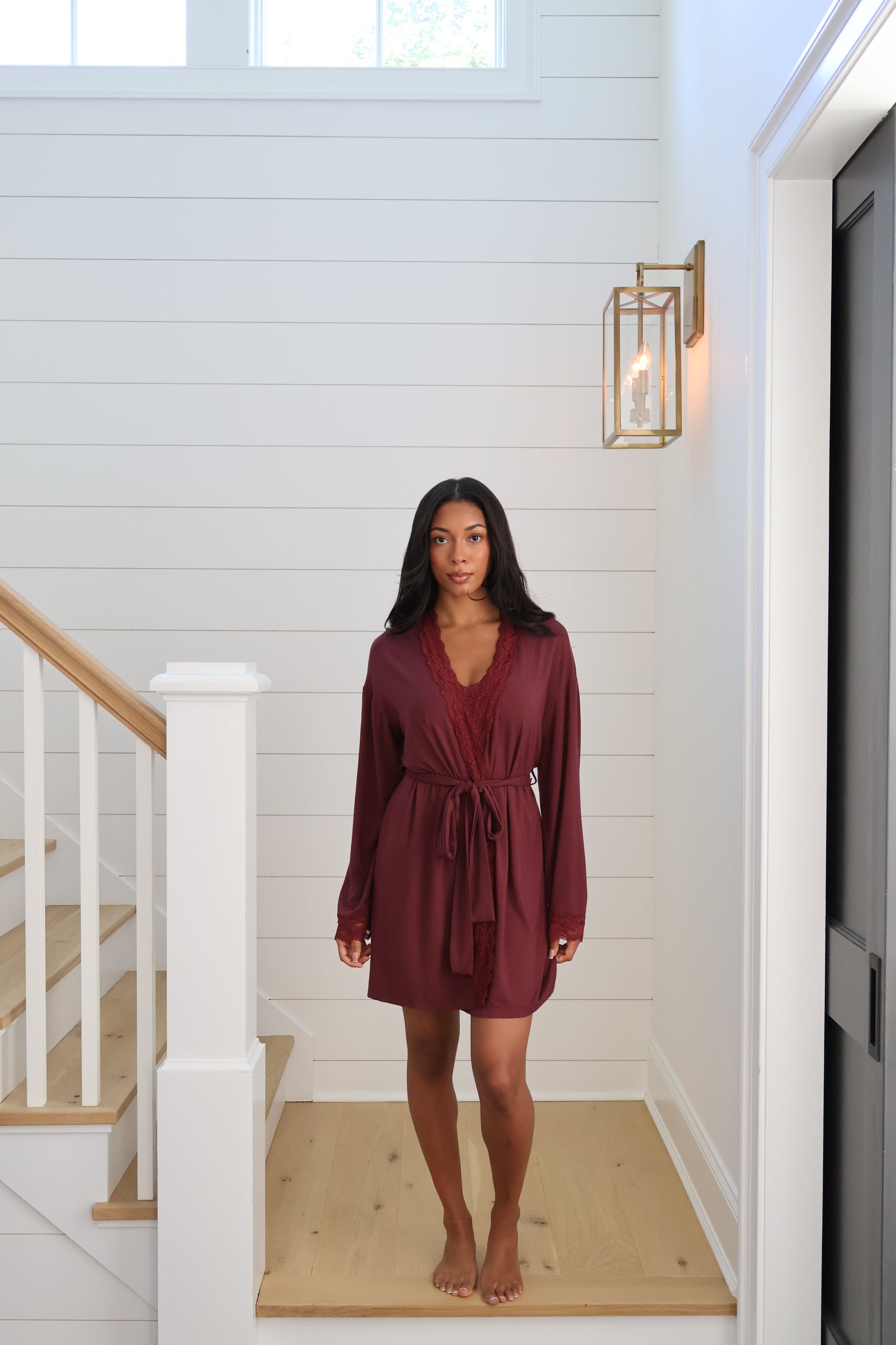 Bamboo Lace Trim Short Robe in Merlot