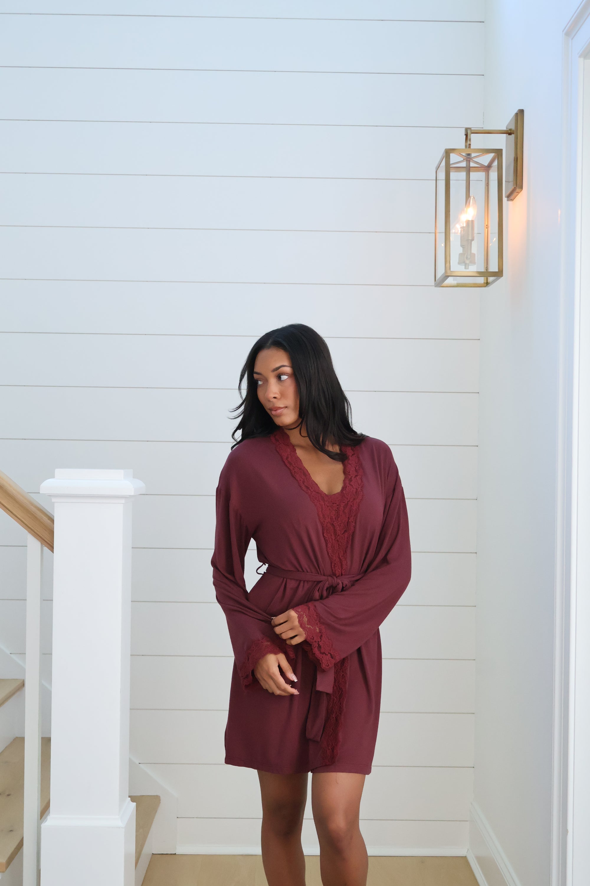 Bamboo Lace Trim Short Robe in Merlot