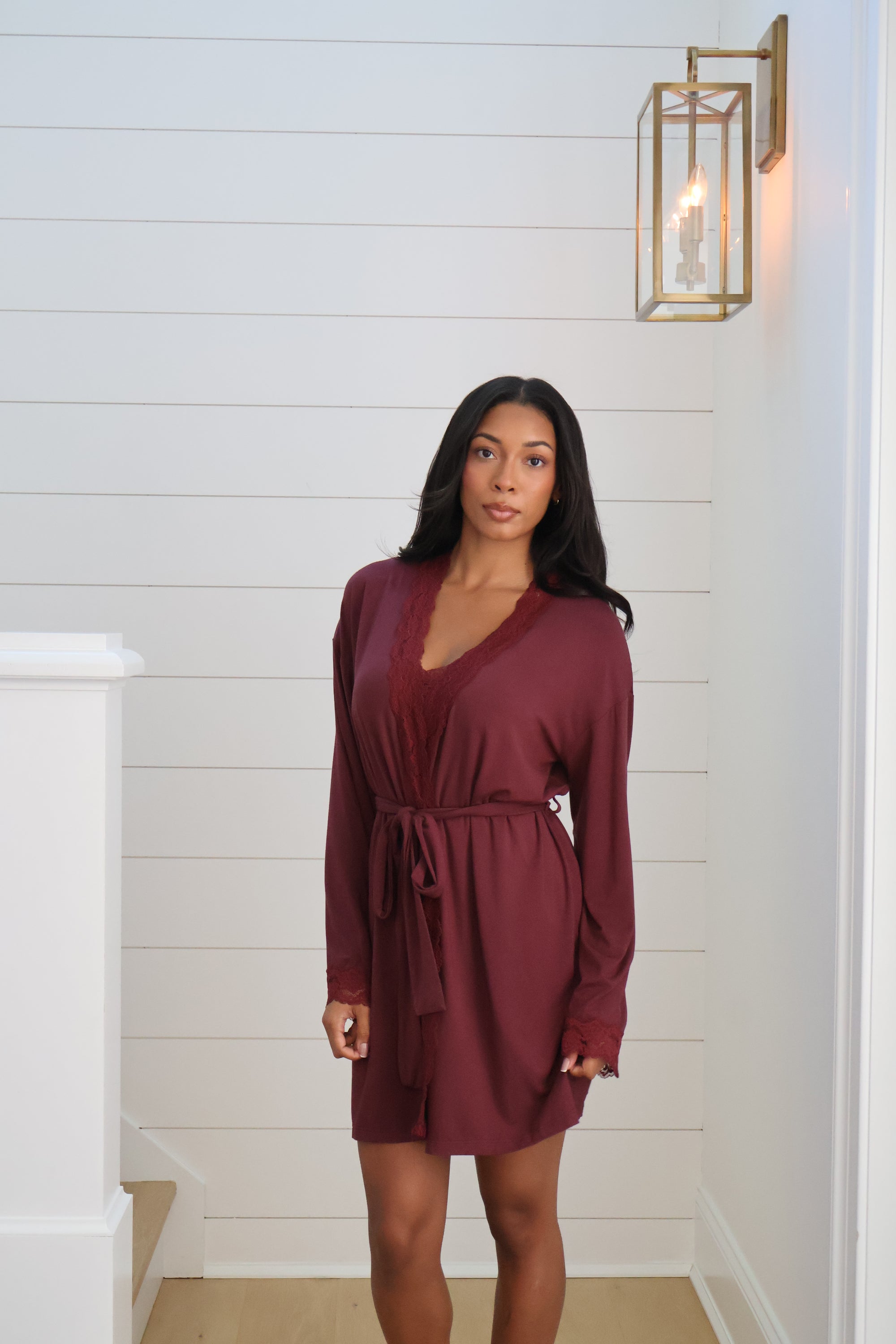 Bamboo Lace Trim Short Robe in Merlot