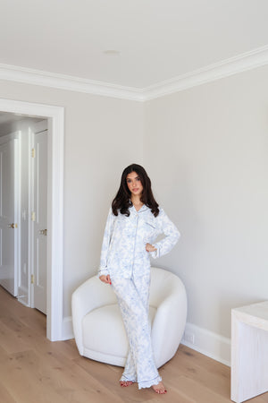Ruffle Bamboo Pajama Pant Set in Blue Toile