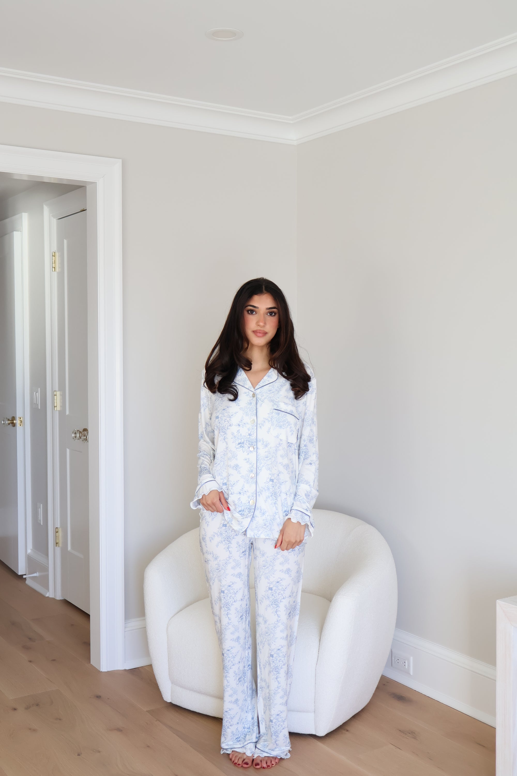 Blue Toile Ruffle Bamboo Pajama Pant Set