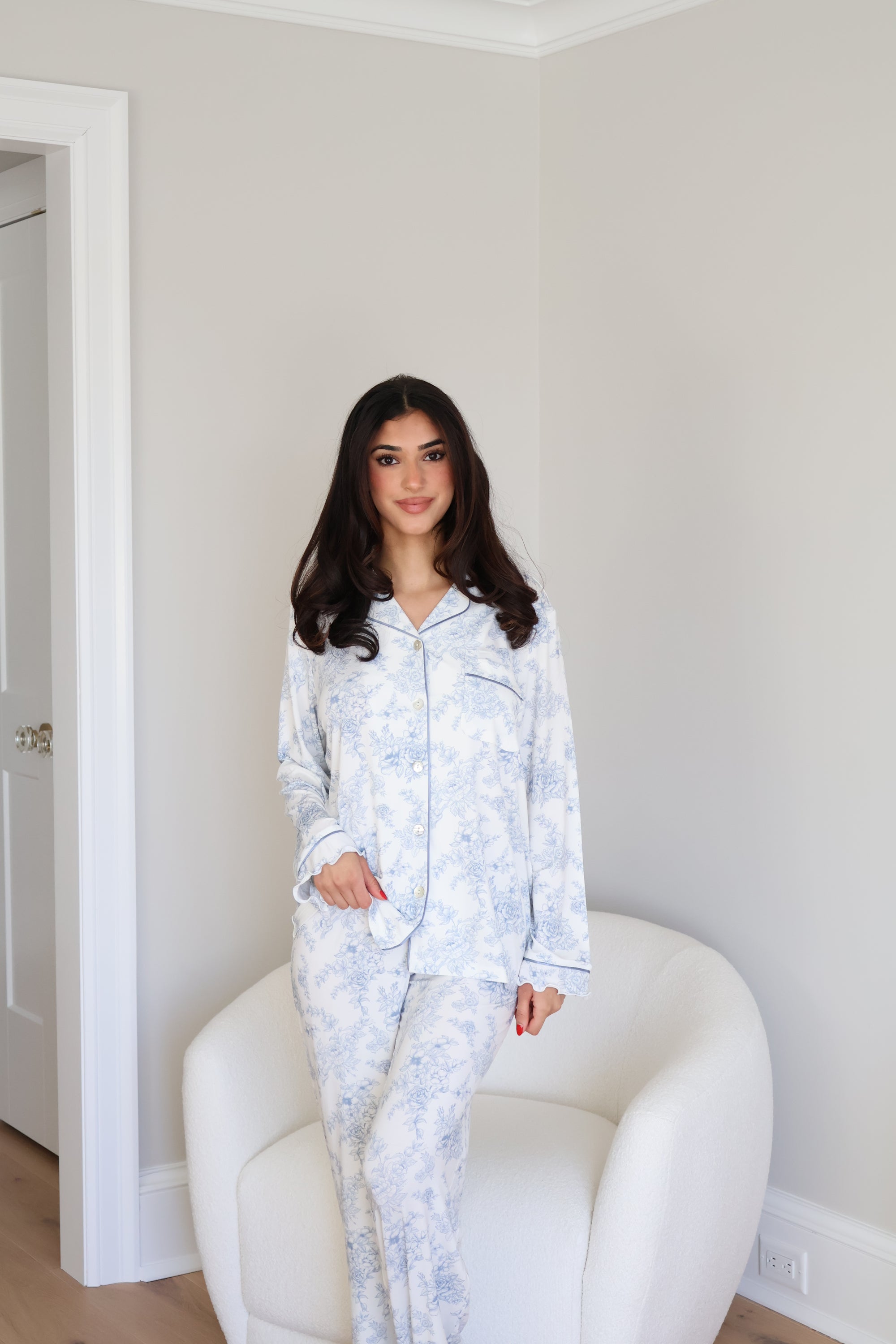 Blue Toile Ruffle Bamboo Pajama Pant Set