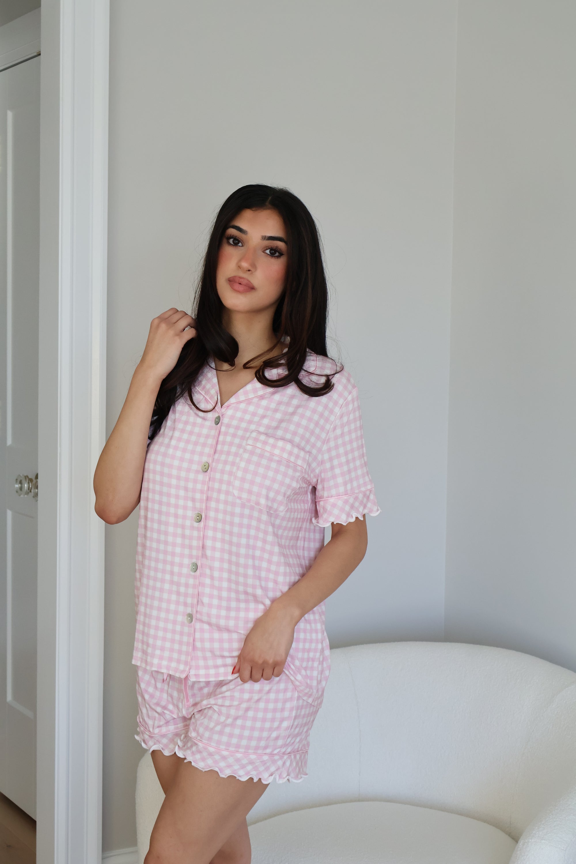 Ruffle Bamboo Short Set in Pink Gingham