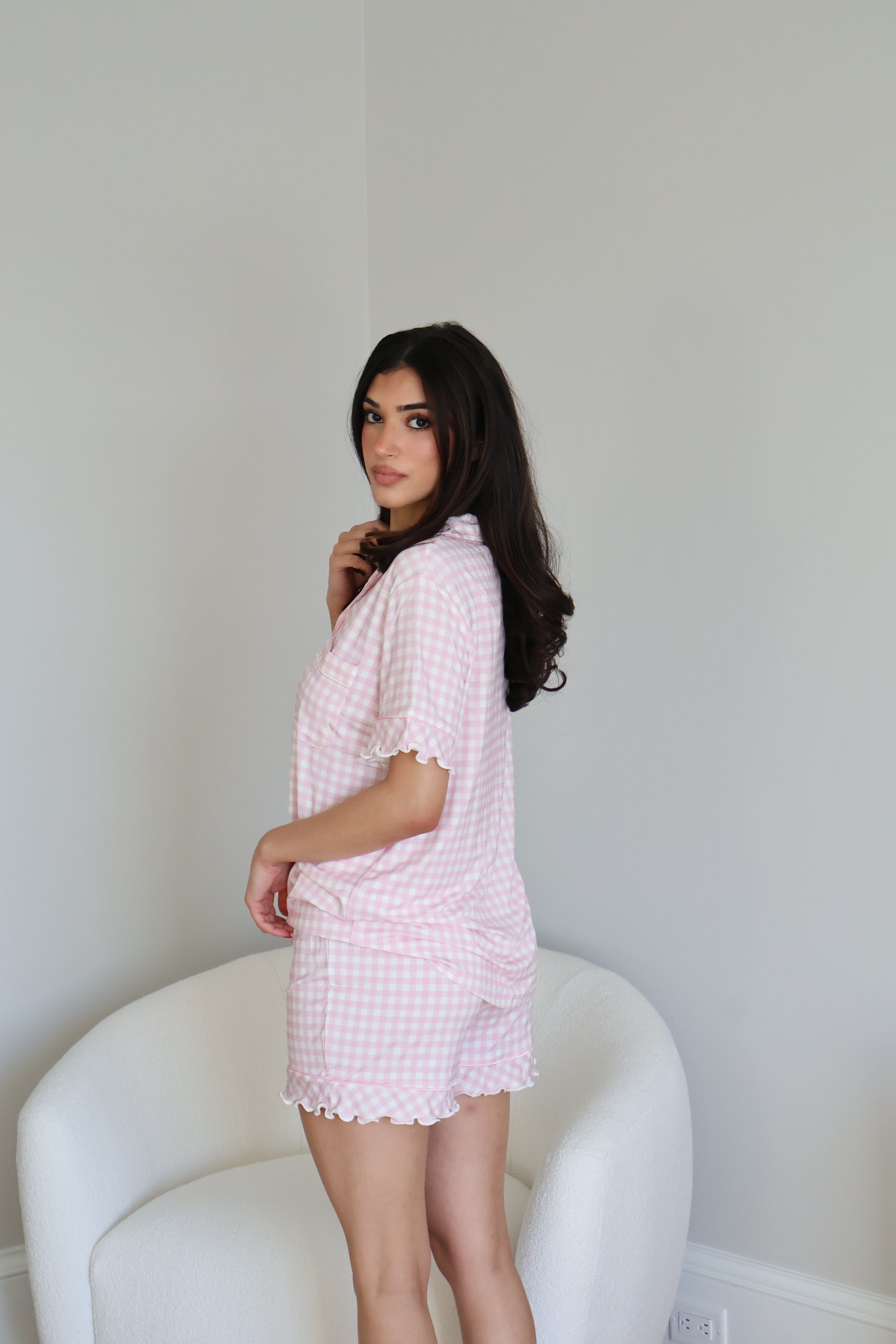 Ruffle Bamboo Short Set in Pink Gingham