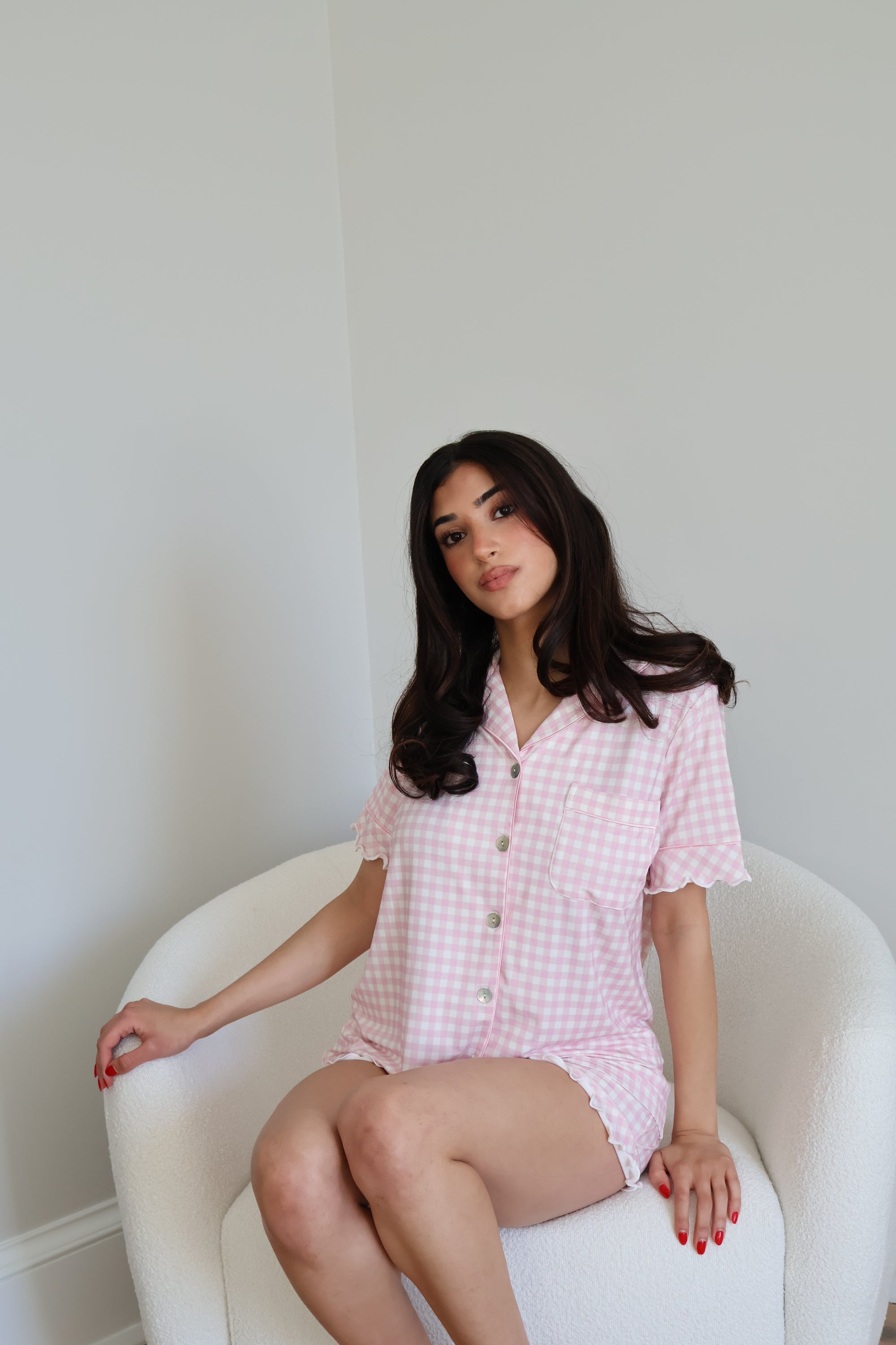 Ruffle Bamboo Short Set in Pink Gingham