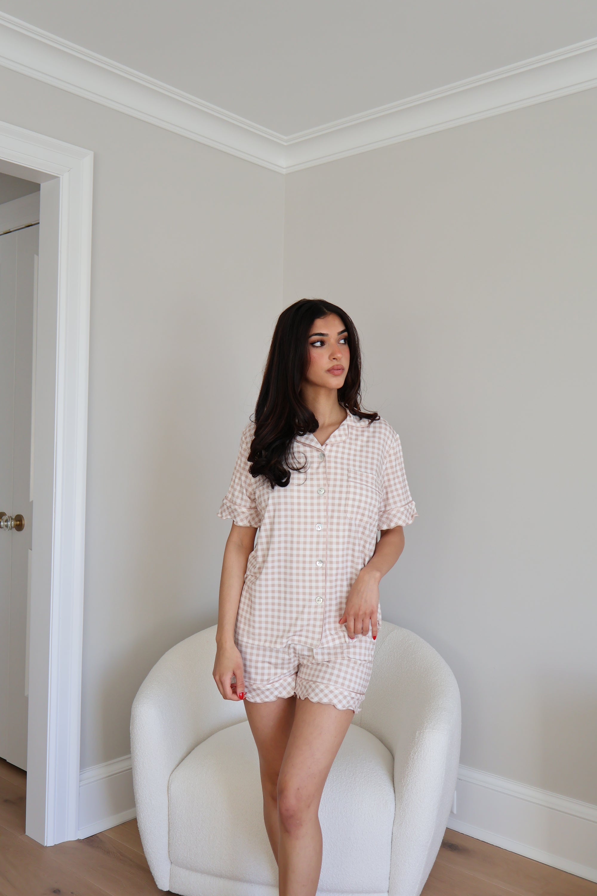 Ruffle Bamboo Short Set in Tan Gingham