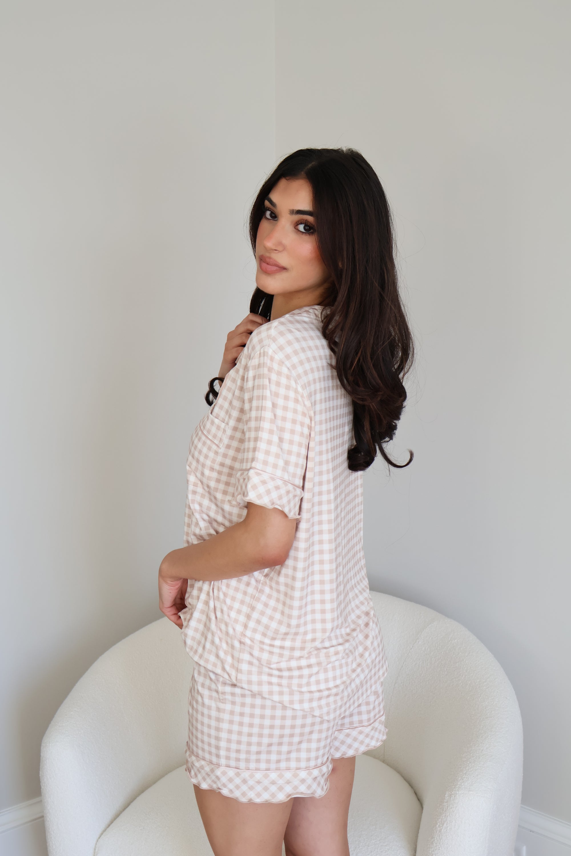 Ruffle Bamboo Short Set in Tan Gingham