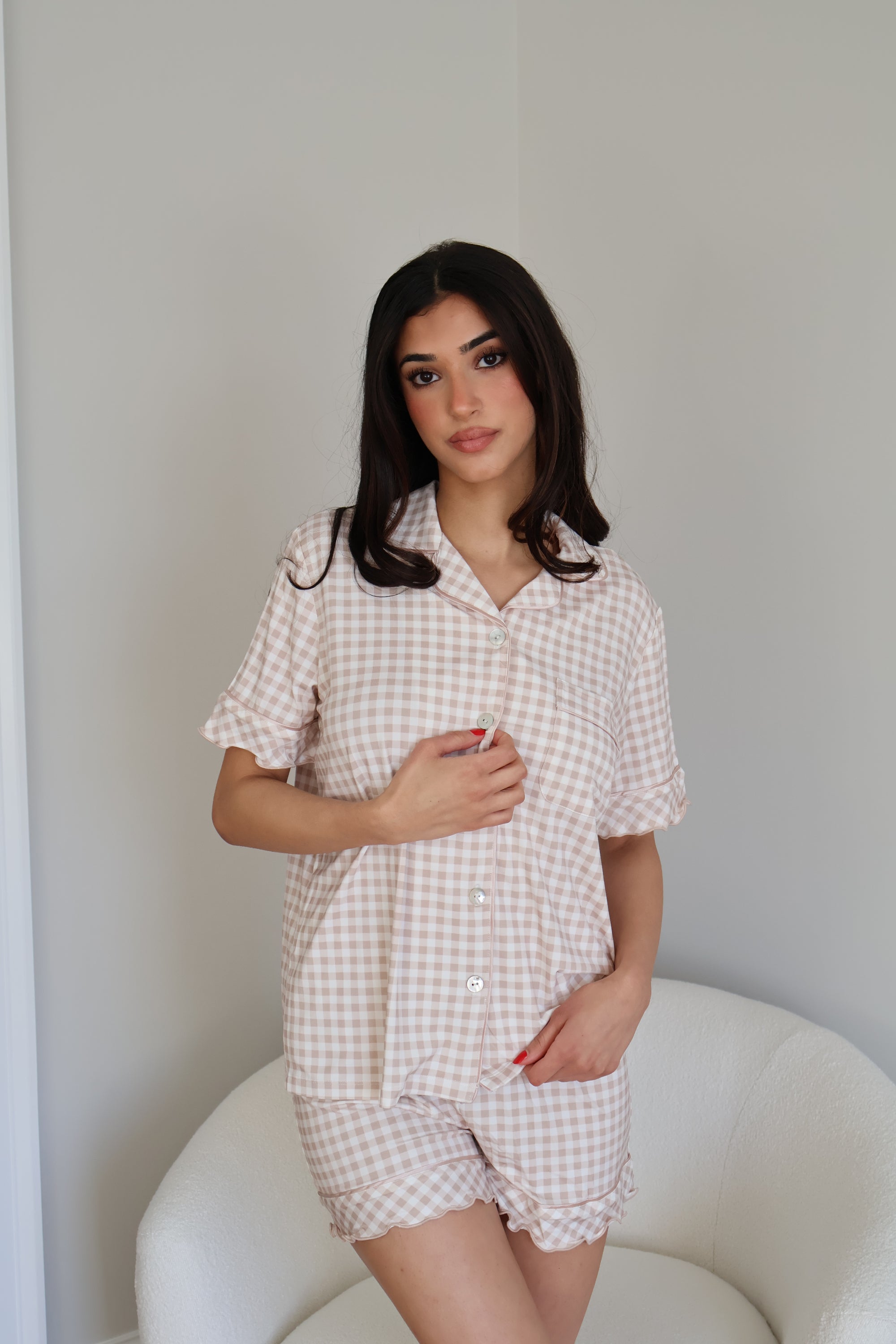 Ruffle Bamboo Short Set in Tan Gingham