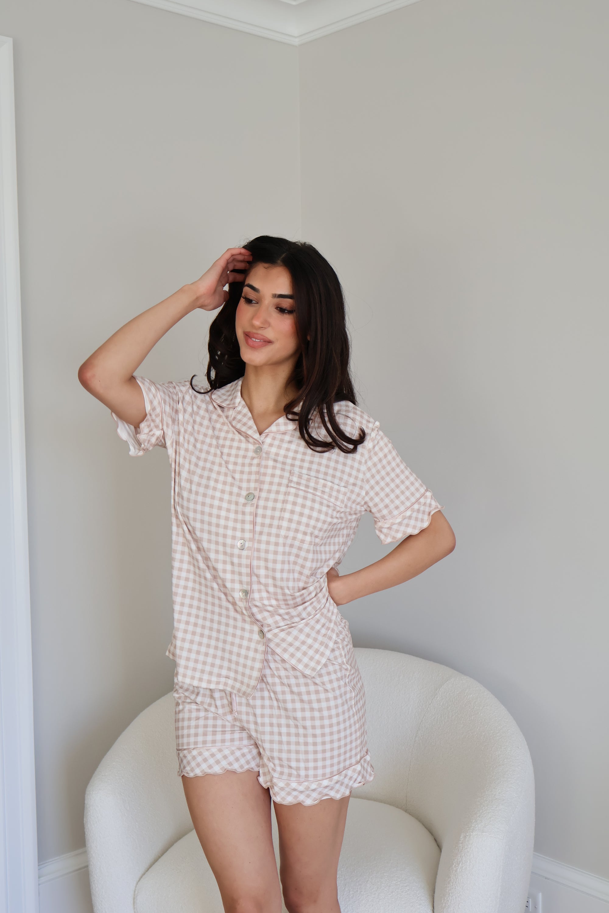 Ruffle Bamboo Short Set in Tan Gingham