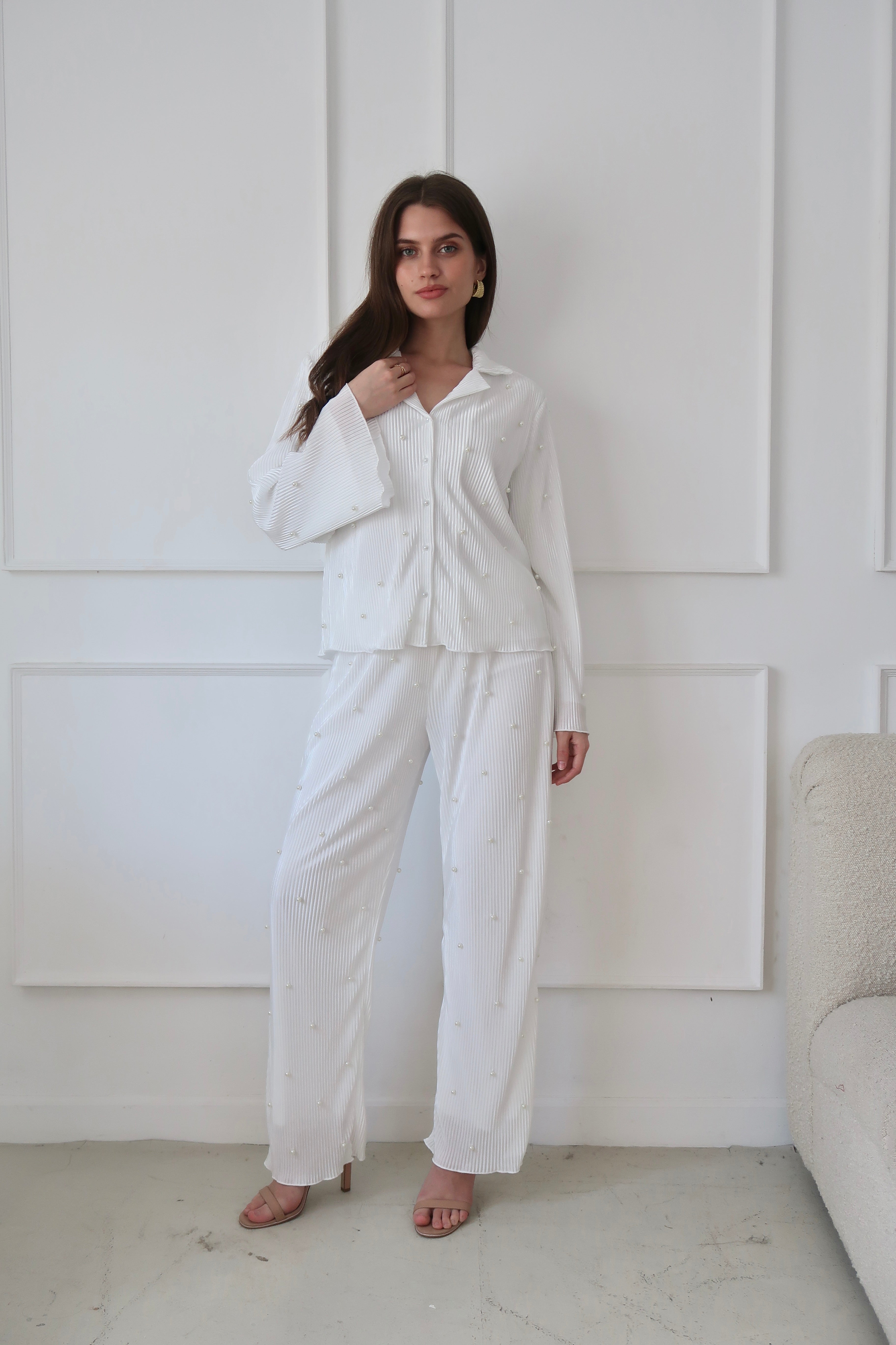JOSEMOONシャツパンツセットアップホワイト セットアップ ペプラムギャザートップス+パンツ レディース : ZOZOTOWN