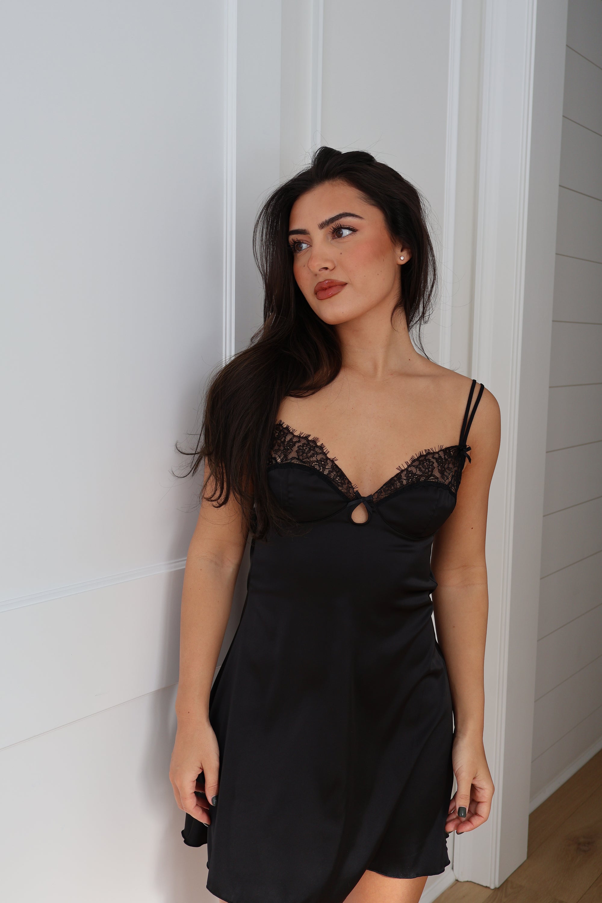 Lara Lace Slip Dress in Noir