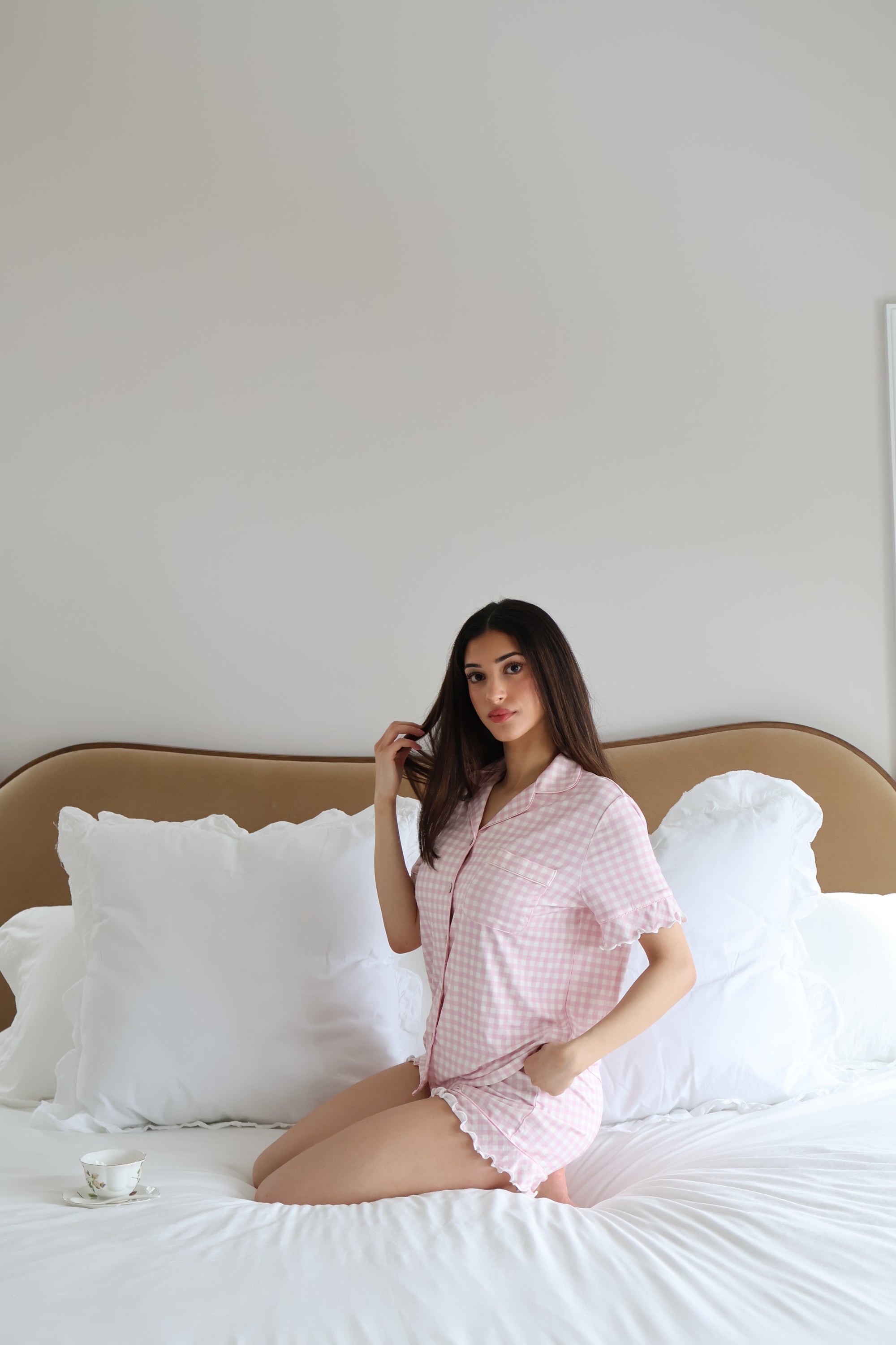 Ruffle Bamboo Short Set in Pink Gingham