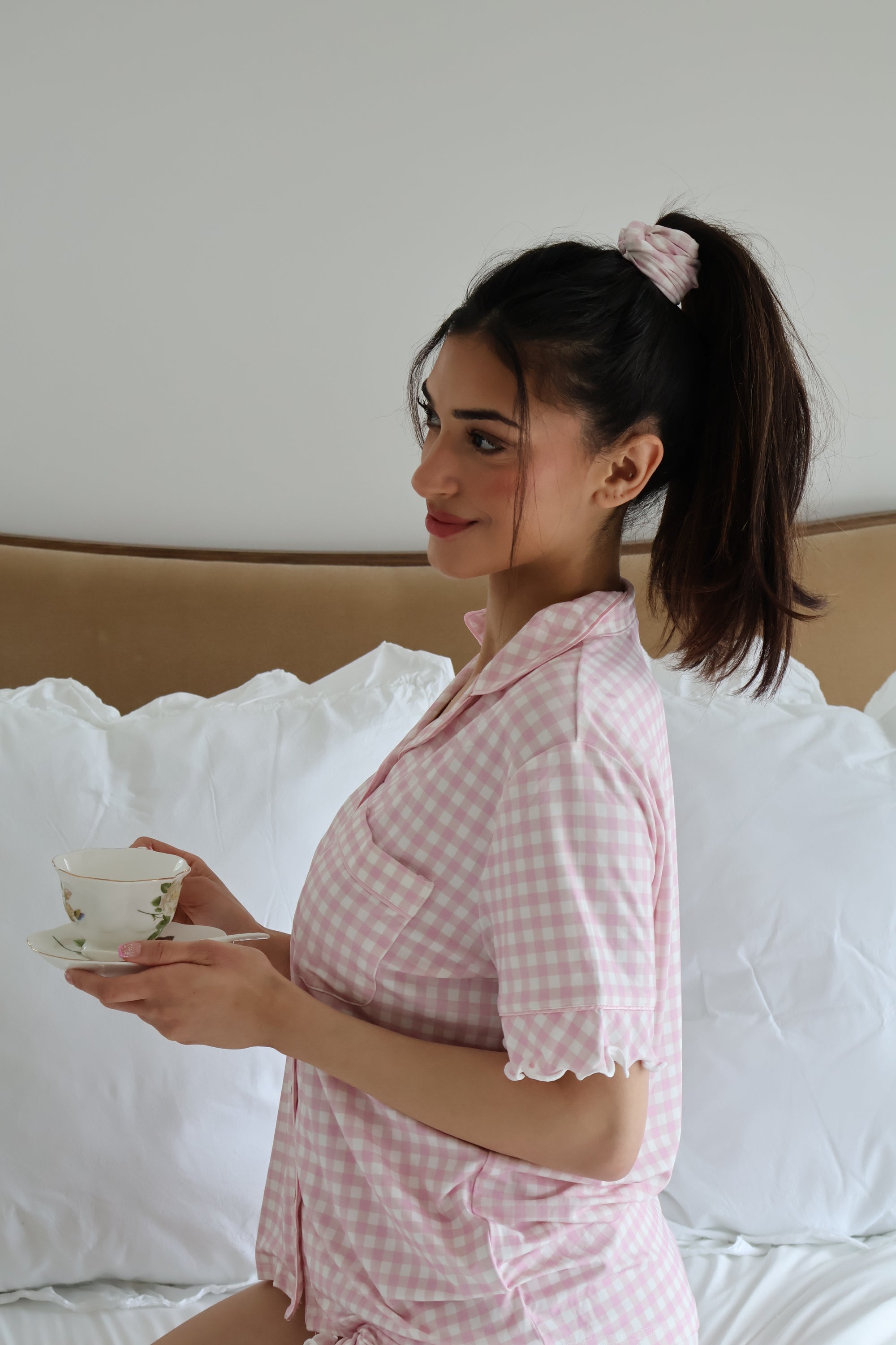 Ruffle Bamboo Short Set in Pink Gingham