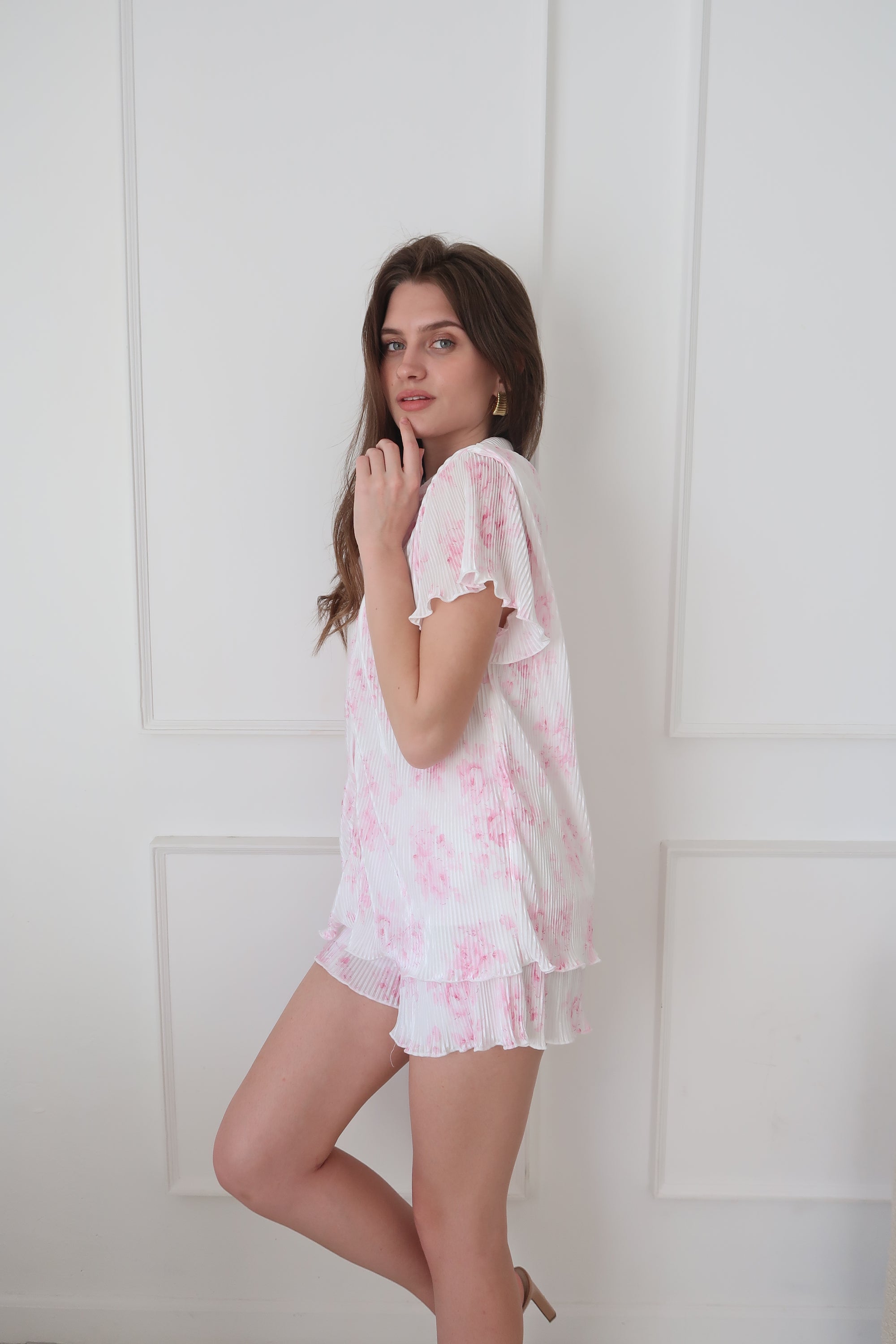 Pleats Please Short Bridal Set in Pink Floral