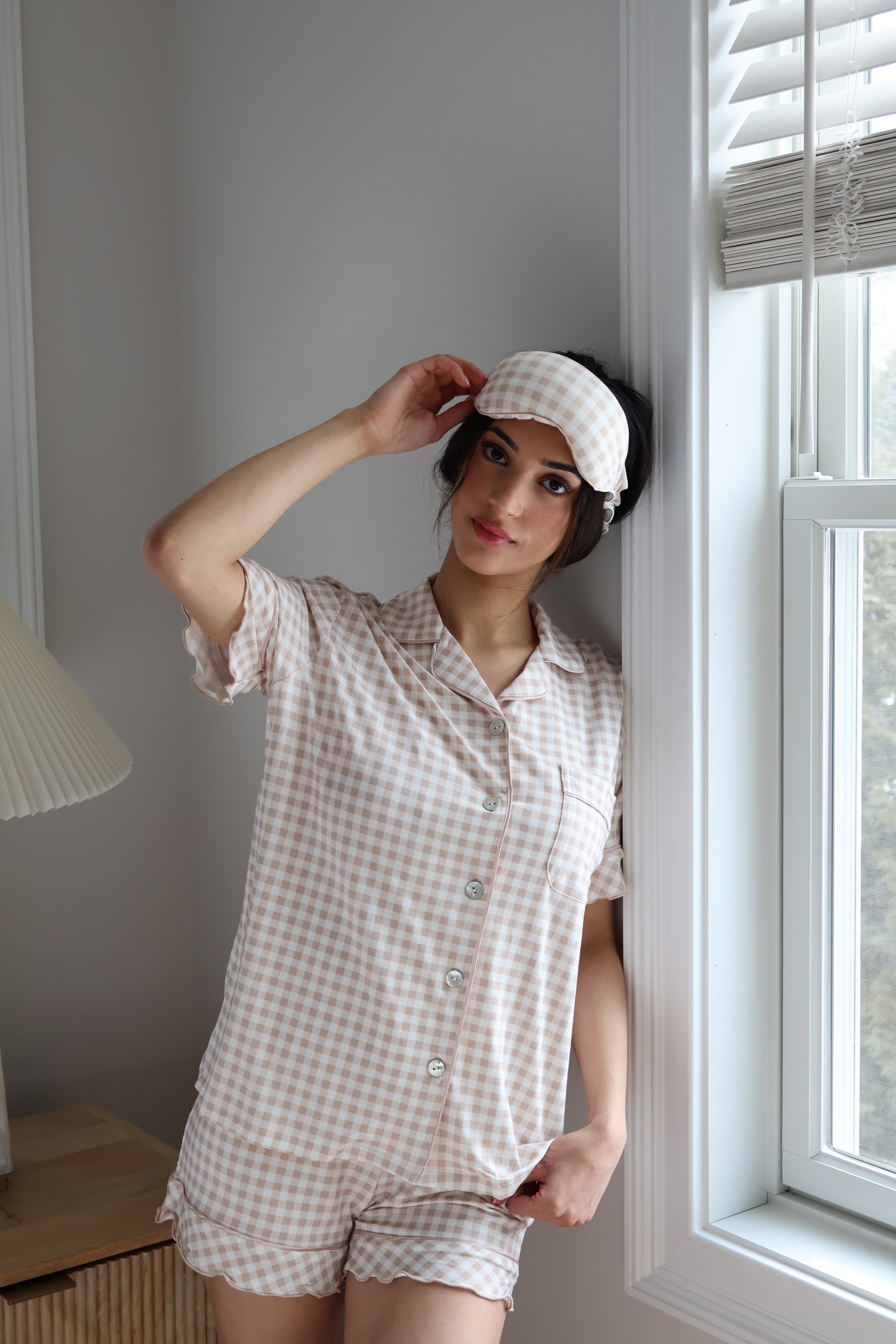 Ruffle Bamboo Short Set in Tan Gingham