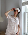 Ruffle Bamboo Short Set in Tan Gingham