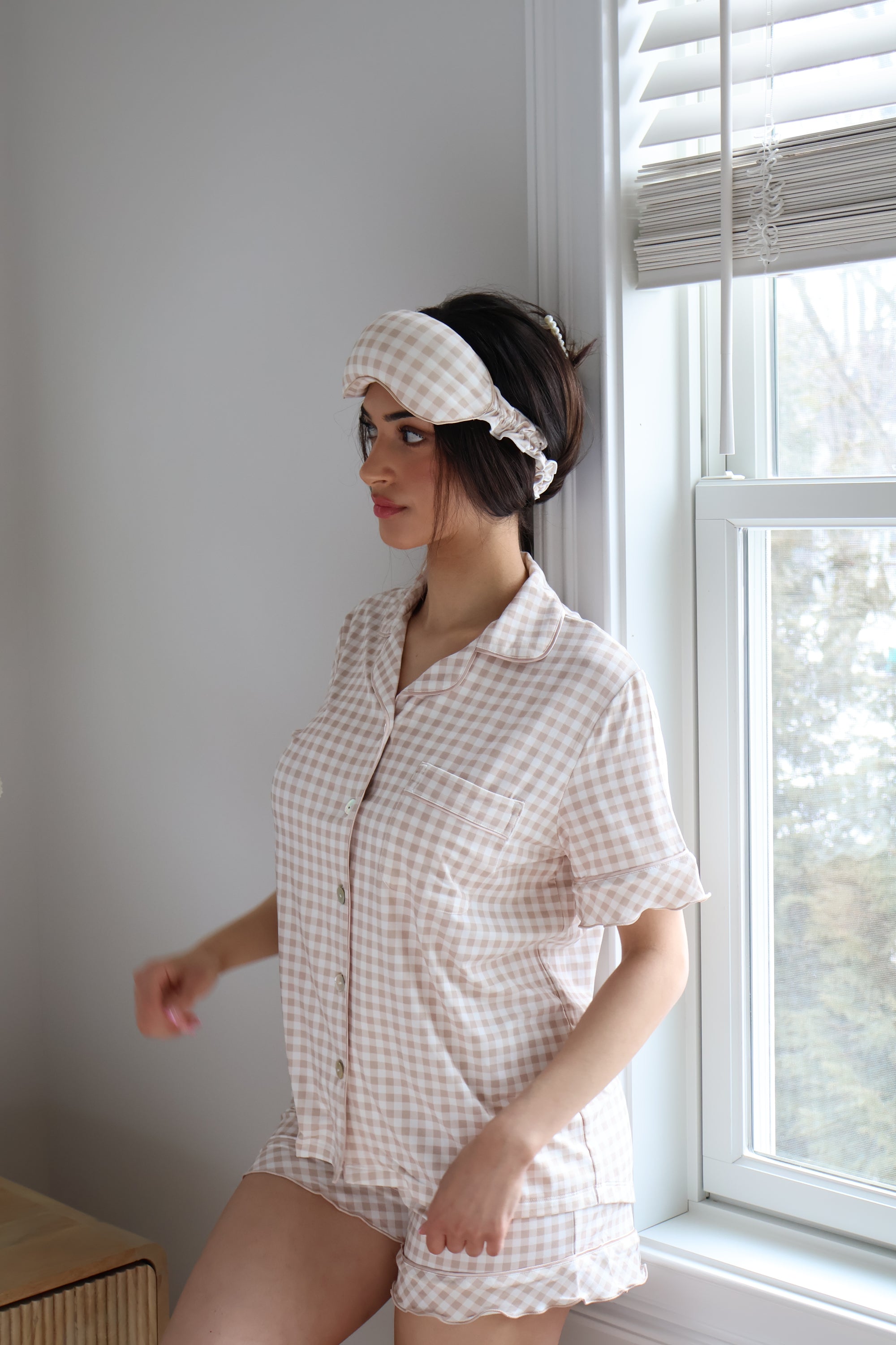 Ruffle Bamboo Short Set in Tan Gingham