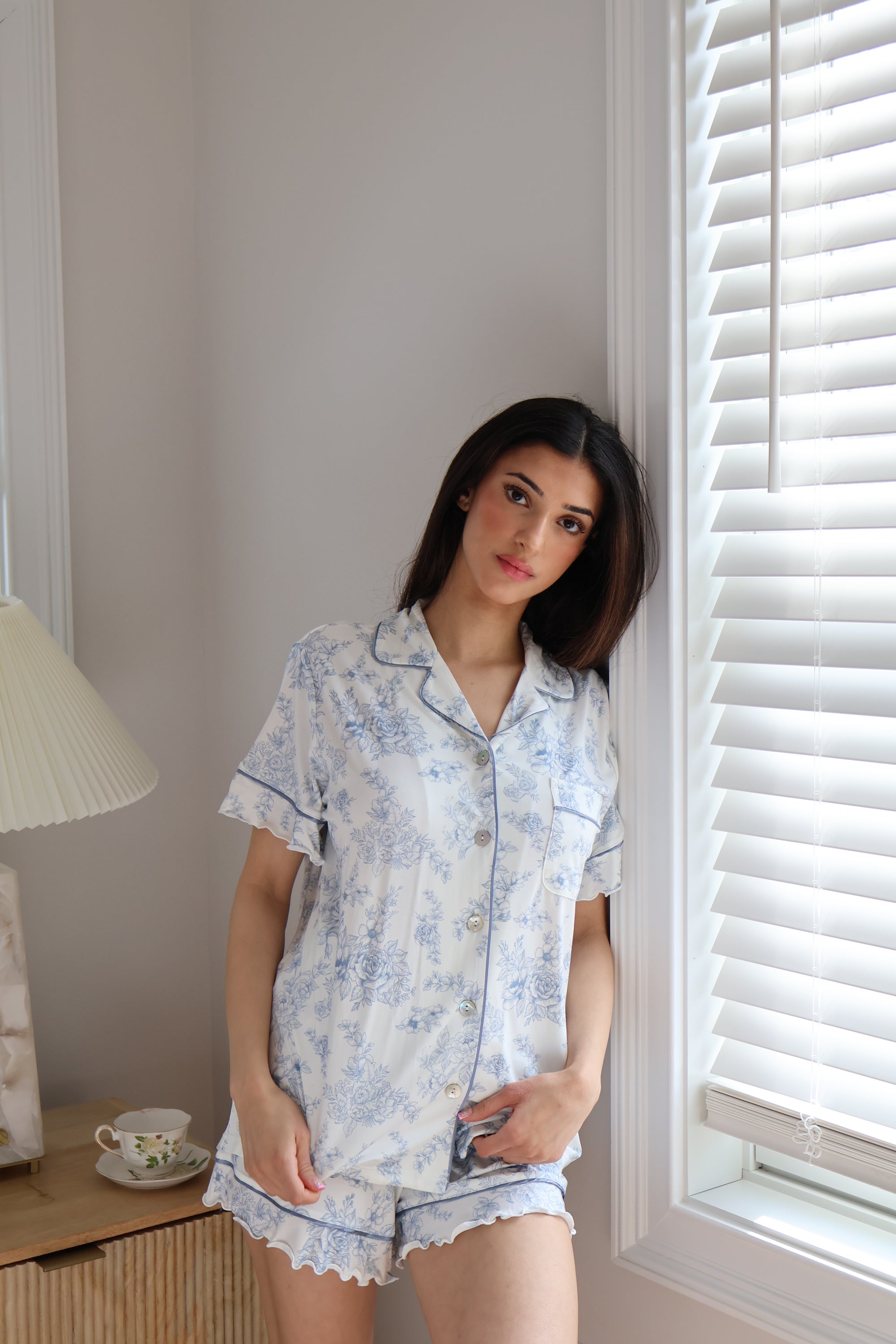 Ruffle Bamboo Pajama Short Set in Blue Toile