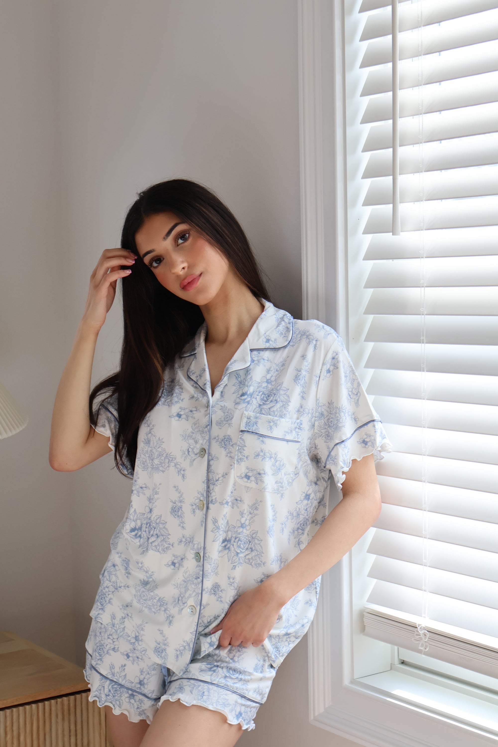 Ruffle Bamboo Pajama Short Set in Blue Toile