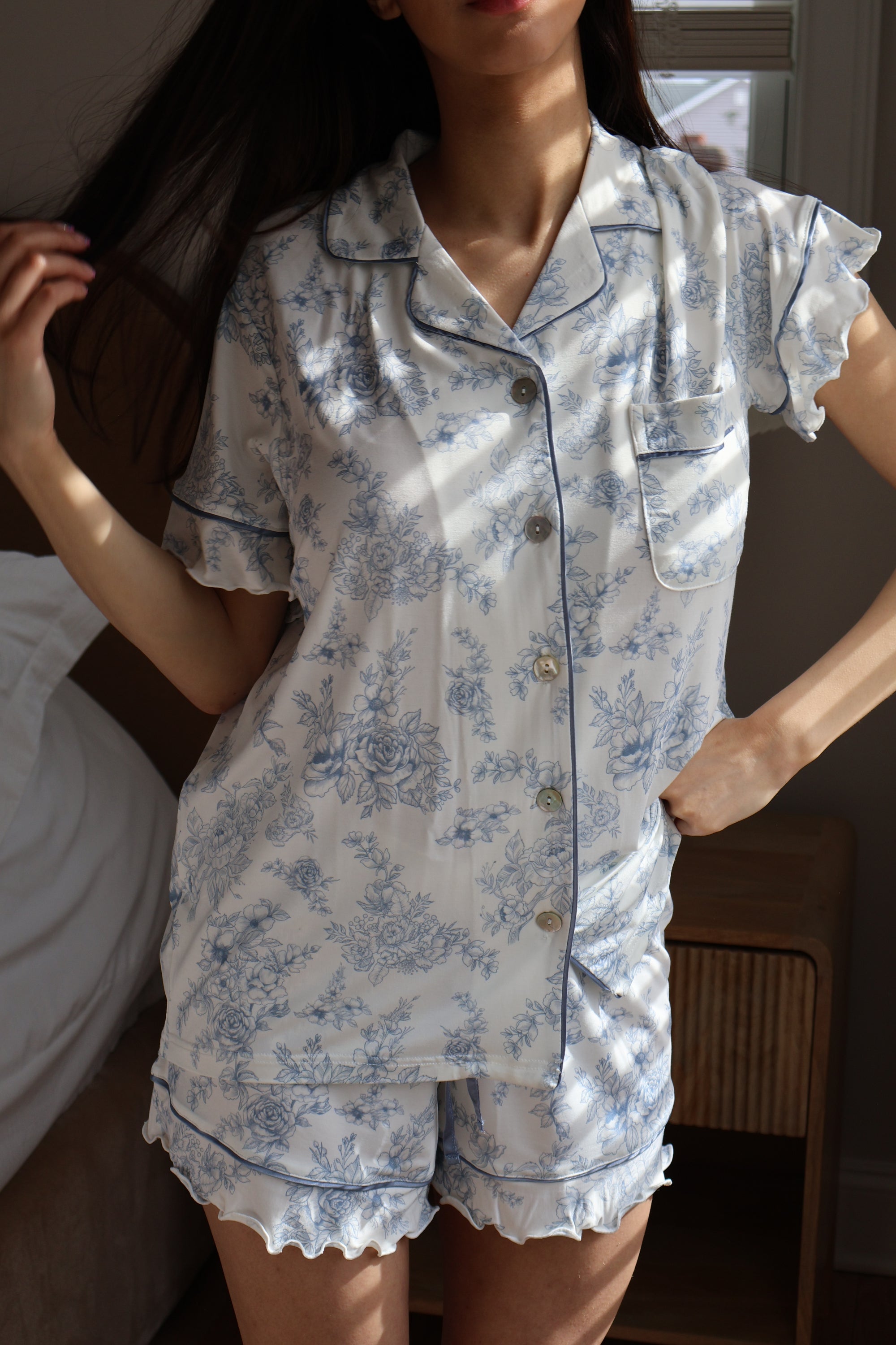 Ruffle Bamboo Pajama Short Set in Blue Toile