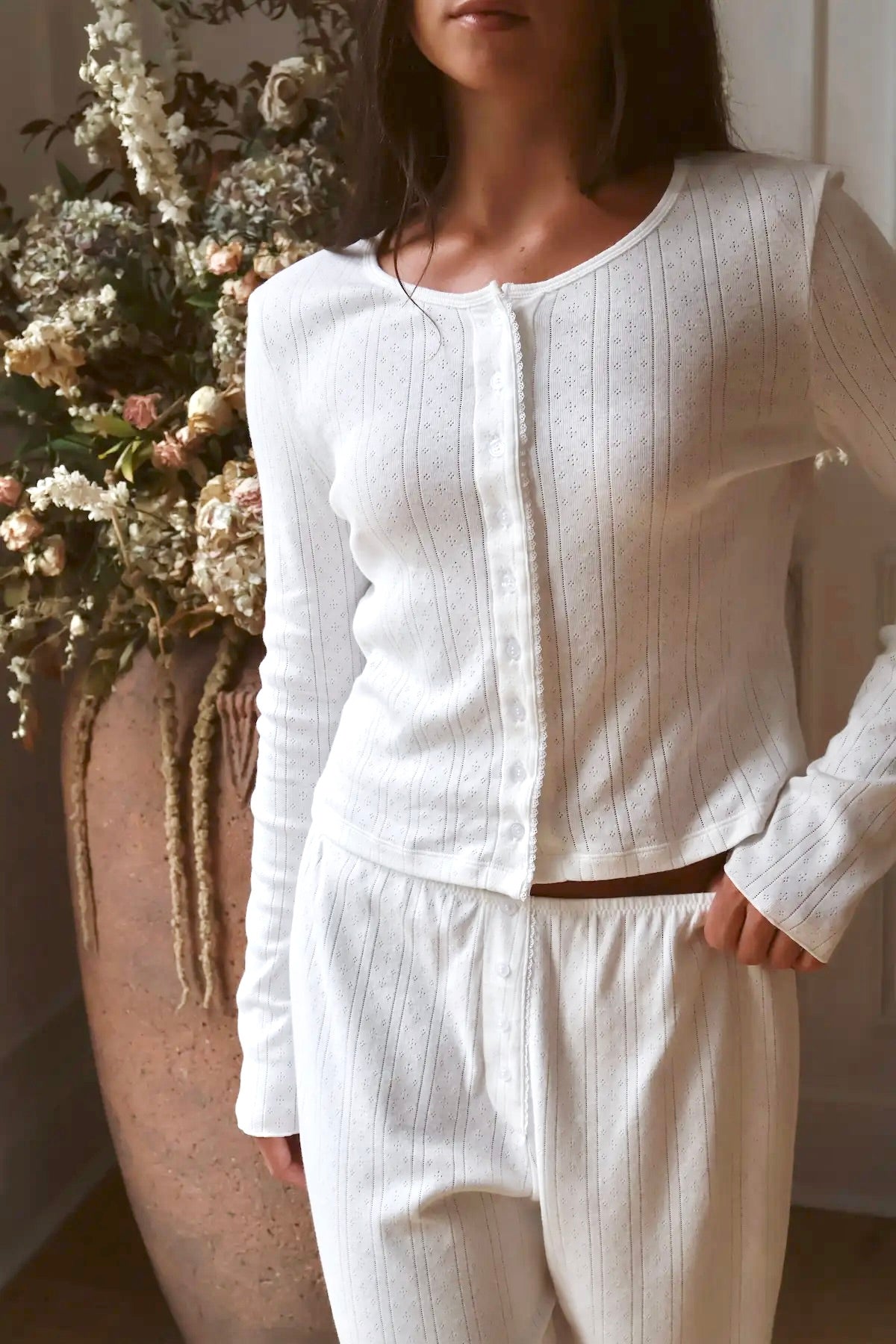 Pointelle Long Sleeve Cardigan in Dove