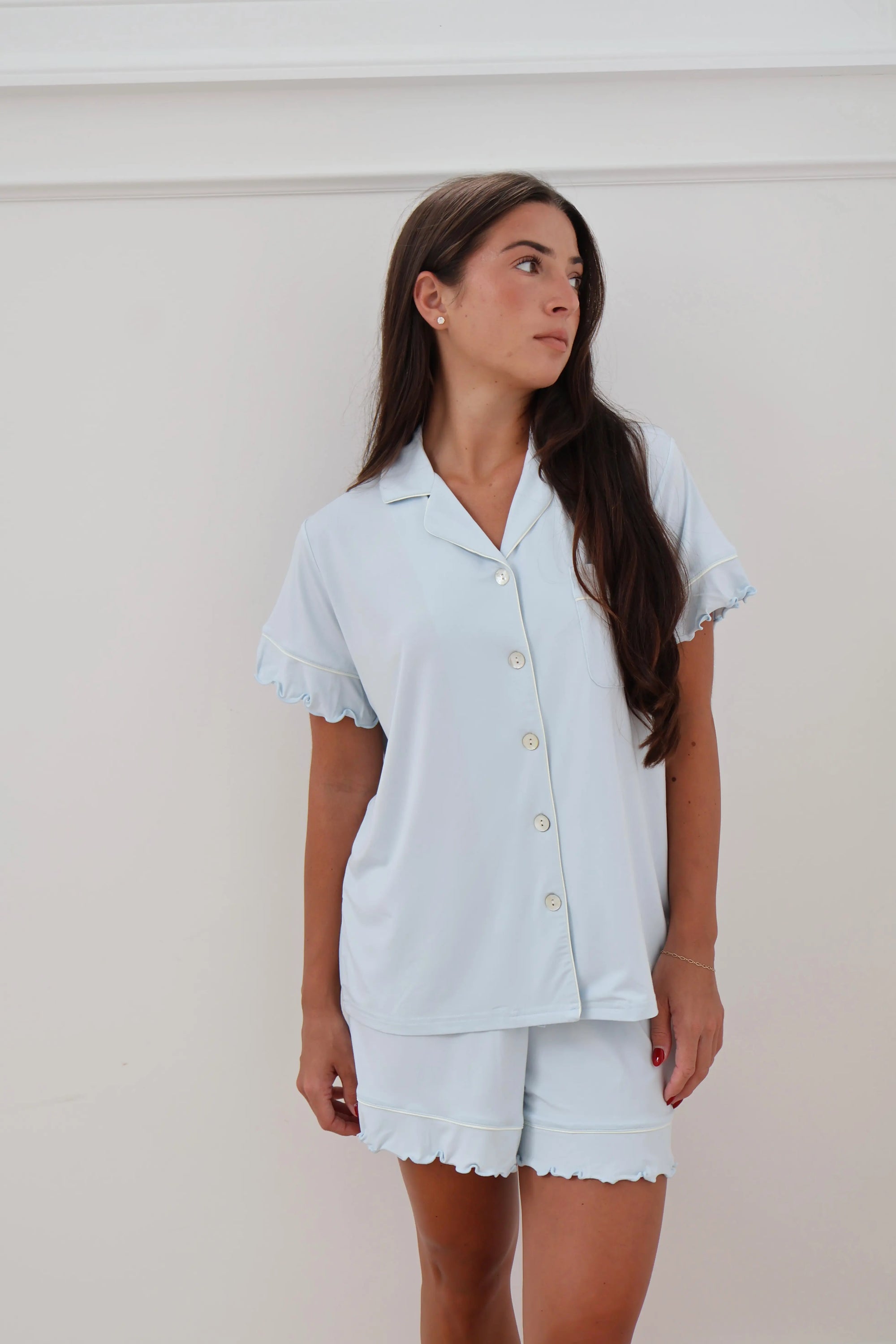 Ruffle Bamboo Pajama Short Set in Baby Blue