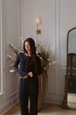 Pointelle Long Sleeve Cardigan in Noir