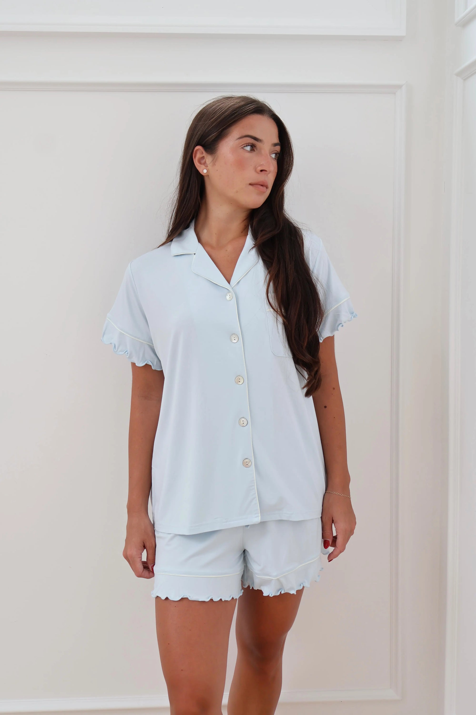 Ruffle Bamboo Pajama Short Set in Baby Blue
