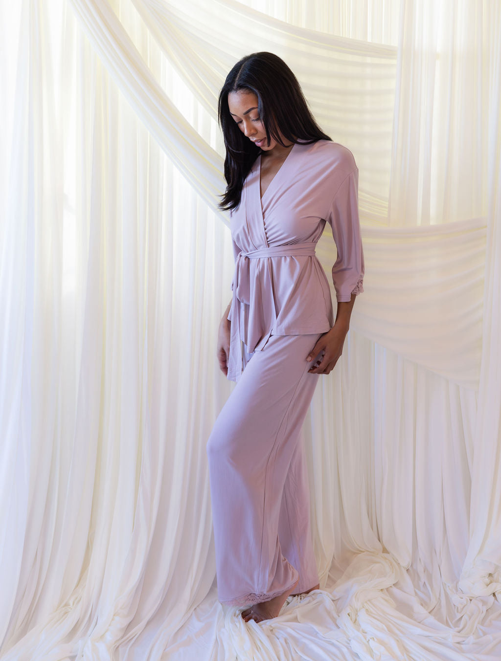 Riley Kimono Bamboo Pajama Set in Dusty Rose