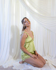 Elara Silky Satin Set in Chartreuse