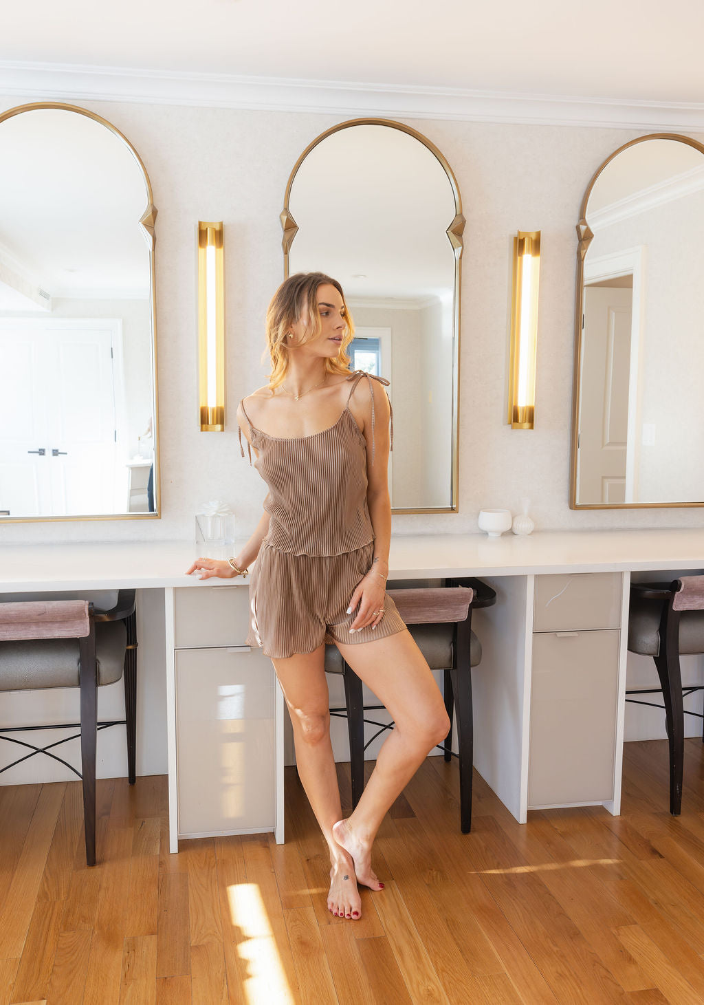 Pleated Tie Tank Set in Mocha